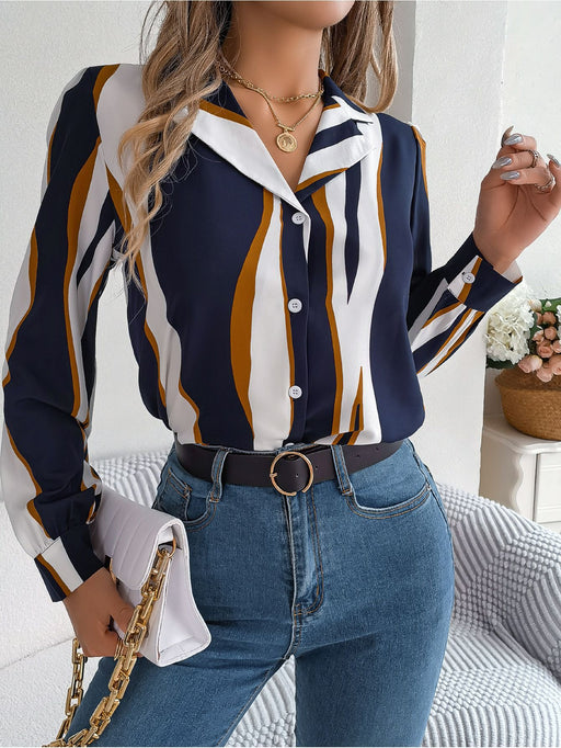 Color-Navy Blue-Autumn Winter Casual Contrast Color Striped Suit Collar Long Sleeve Shirt Women-Fancey Boutique