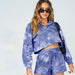 Color-Blue-Mineral Wash Autumn Winter Handmade Tie-Dye Zipped Stand Collar Shorts Women Casual Long Sleeve Sweatshirt Suit-Fancey Boutique