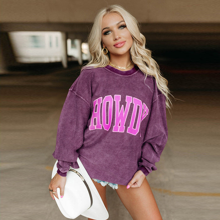 Color-Purple-Letter Graphic Printing Solid Color Hoodless Sweater Women Loose round Neck Pullover-Fancey Boutique