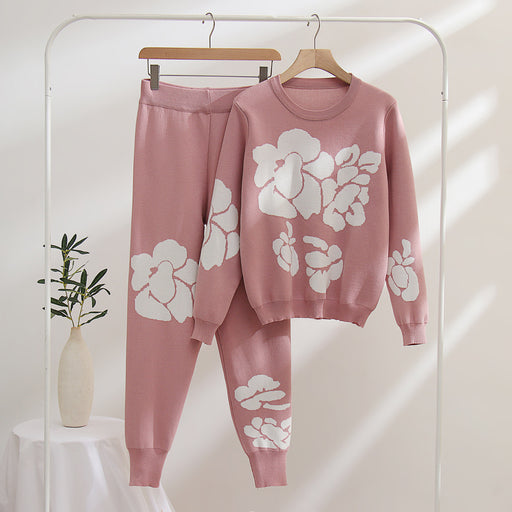 Color-Pink-Winter Long Sleeved Jacquard round Neck Sweater sets Sports Casual Knitted Women Two Piece sets-Fancey Boutique