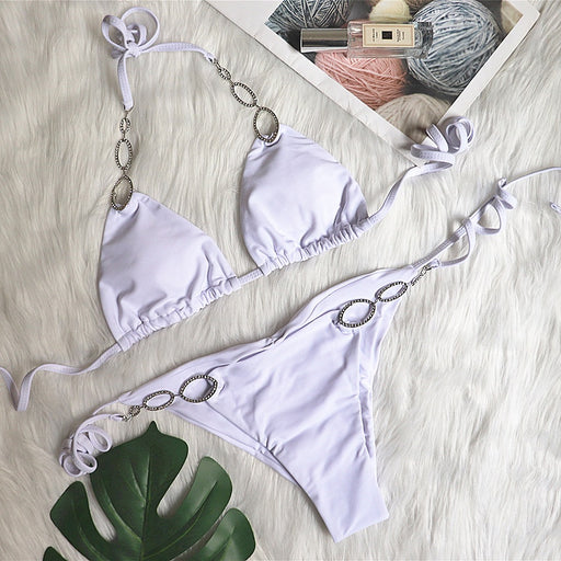 Color-White-Bikini Sexy Metal Accessories Rhinestone Women Split Swimsuit Plain Bandage Swimsuit-Fancey Boutique