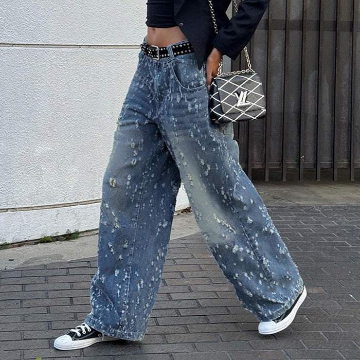 High Street Stylish Unique Distressed Crochet Worn Washed Loose Wide Leg Sexy Low Waist Casual Denim Trousers No Belt