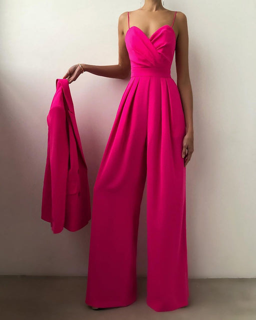 Color-Coral Red-Sling Waist Straight Mop Floor Minimalist Jumpsuit Spring Summer-Fancey Boutique