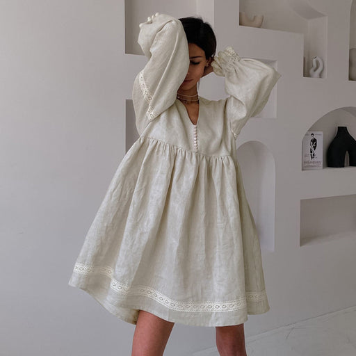 Women Clothing Summer Cotton Linen French Dress Office V neck Lantern Sleeve Loose Dress-Fancey Boutique