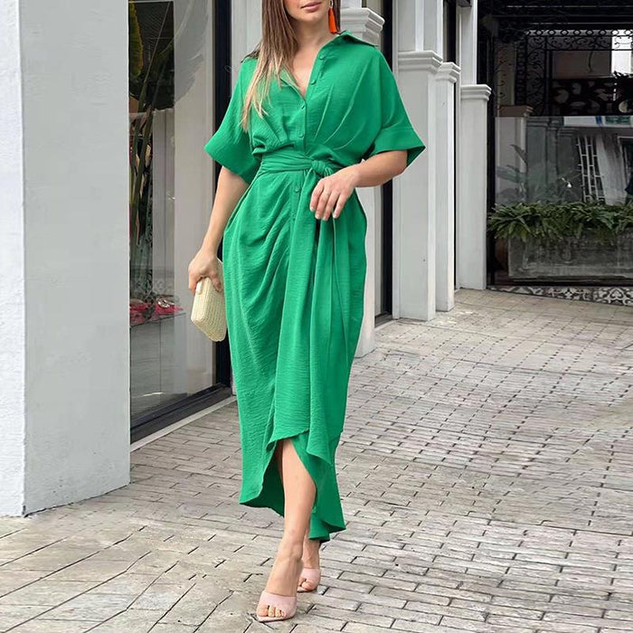 Color-Green-Autumn Winter Women Clothing Collared Short Sleeve Single Breasted High Waist Shirt Dress-Fancey Boutique