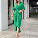 Color-Green-Autumn Winter Women Clothing Collared Short Sleeve Single Breasted High Waist Shirt Dress-Fancey Boutique
