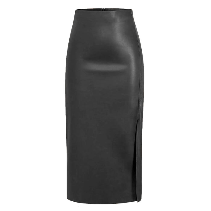 Autumn Winter Faux Leather Split Leather Skirt High Waist Zipper Skirt Slim Sheath Long Skirt Women-Black-Fancey Boutique