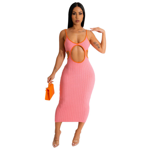 Color-Pink-Women Clothing Solid Color Hollow Out Cutout Handmade Knitted Sweater Contrasting Color Dress-Fancey Boutique