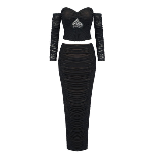 Color-Black-Women Clothing Heavy Industry Heart Shaped Rhinestone Pleated Two Piece Mesh Bandage Skirt Set-Fancey Boutique