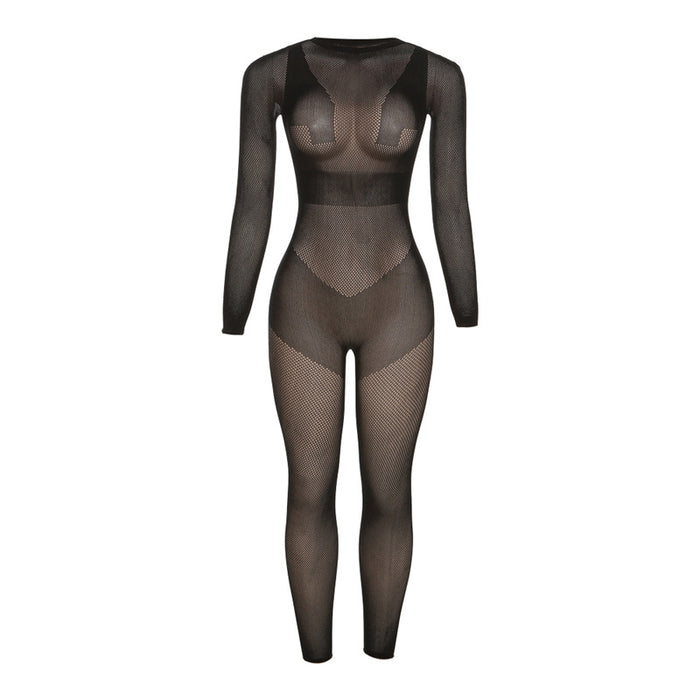 Color-Black-Summer Women Clothing Sexy round Neck Mesh See through Solid Color High Waist Tight One Piece Trousers for Women-Fancey Boutique