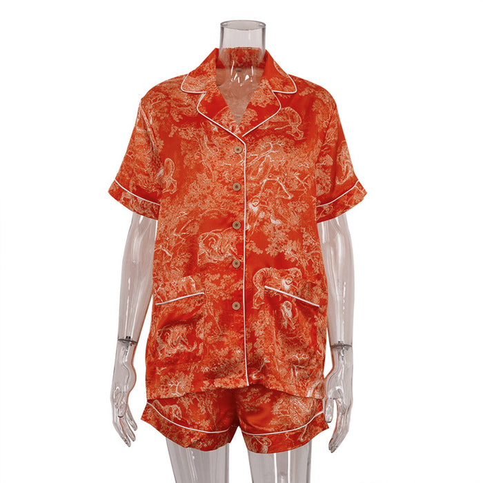 Printed Loose Top High Waist Shorts Women Summer Two Piece Casual Suit-Orange-Fancey Boutique