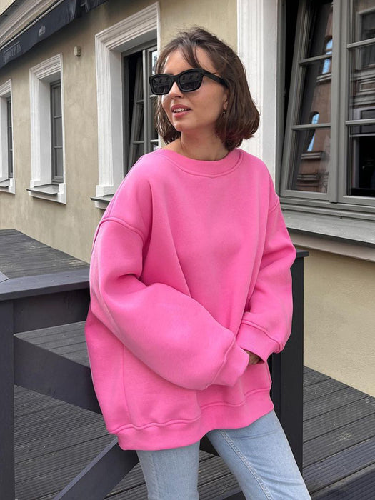 Round Neck Loose Sweatshirt Women Autumn Winter Street Solid Color Polar Fleece Pullover Sweater-Pink-Fancey Boutique