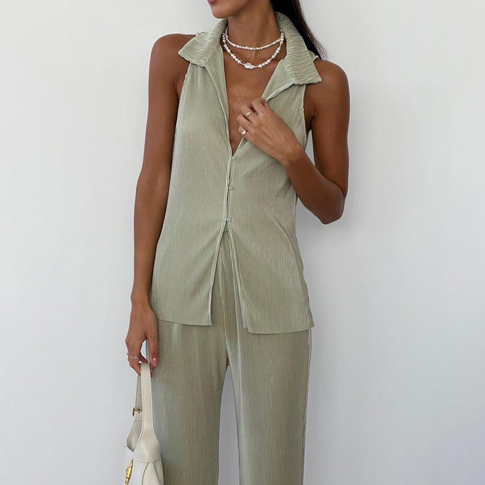 Women Clothing Summer Casual Solid Color Sleeveless Shirt High Waist Trousers Pleated Suit-Fancey Boutique