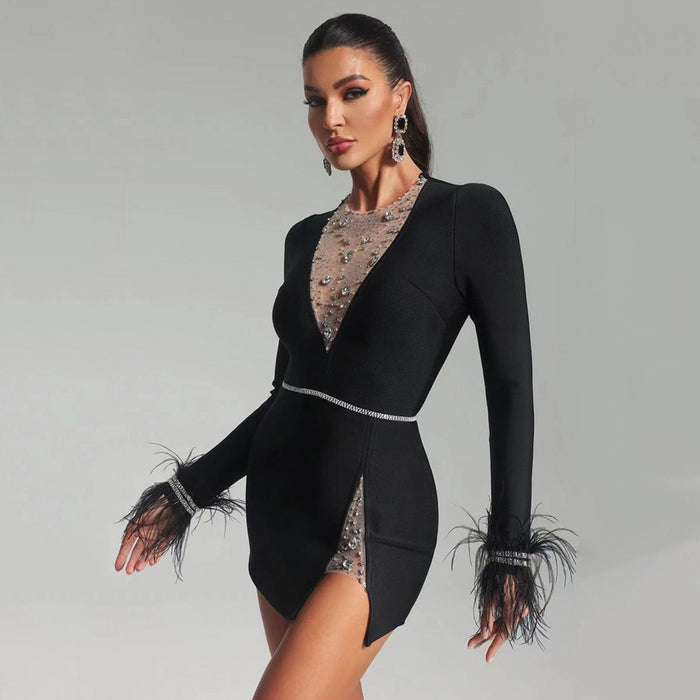 Sexy Mesh Diamond Feather Long Sleeve Bandage Dress Ladies Party Party Dress Dress-Fancey Boutique