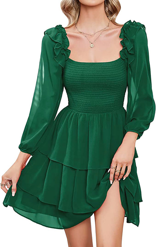 Color-Green-Women Clothing Dress Square Collar Slimming Slimming Tiered Dress-Fancey Boutique