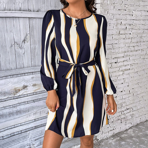 Color-Multi-Women Multi Color Stripe Round Neck Lantern Sleeve Belt Dress Women Clothing-Fancey Boutique