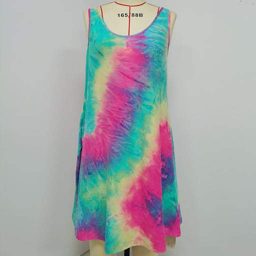 Color-Rose Red Green-Summer Women Clothing Sleeveless round Neck Pocket Tie Dye Printed Vest Camisole Dress-Fancey Boutique
