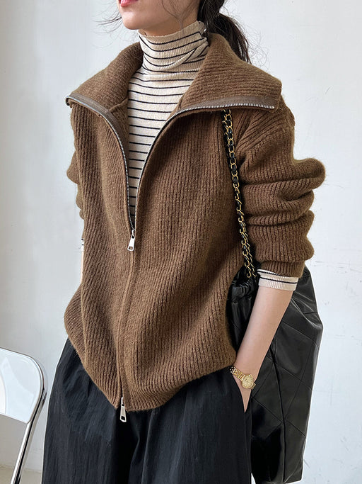 Color-Brown-Collared Stand Collar Two Way Wear Autumn Winter Lazy Double Zipper Knitted Sweater Cardigan Coat Women-Fancey Boutique