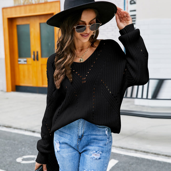 Color-Black-Women Clothing Loose Top Autumn Winter Wild Solid Color Long Sleeves V-neck Sweater-Fancey Boutique