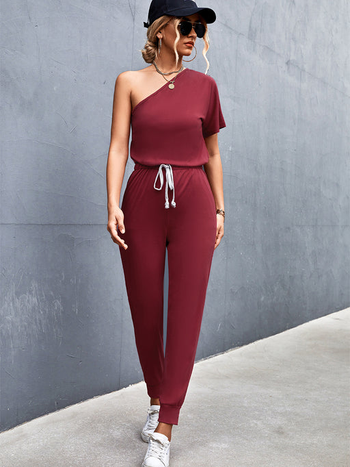 Color-Burgundy-Women Clothing Diagonal Shoulder Jumpsuit-Fancey Boutique