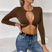 Color-Brown-Women Clothing Summer Short Top Multiple Wear Lace Up Sexy Clothes Women Long Sleeved T Shirt-Fancey Boutique