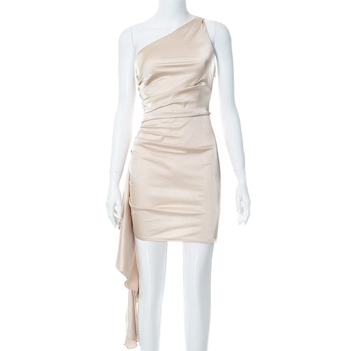 Color-Khaki-Women Clothing Autumn Winter Oblique Shoulder Sleeveless Slim Sexy Dress-Fancey Boutique