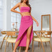 Color-Coral Red-Summer Women Pleated Crop Top Spaghetti Strap High Slit Long Skirt Two Piece Set for Women-Fancey Boutique