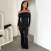 Color-Black-Women Clothing Autumn Solid Color Casual Off Neck Fungus Long Sleeve Top Trousers Suit-Fancey Boutique