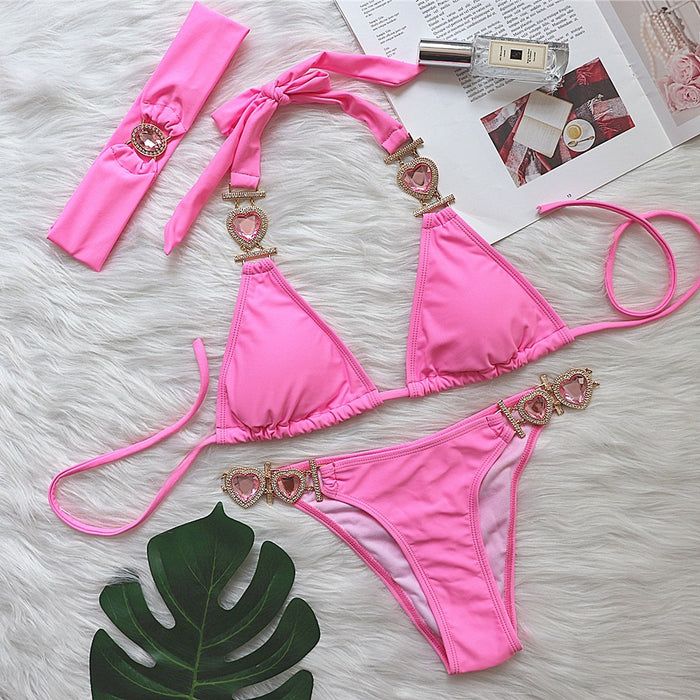 Color-Pink-Sexy Luxury Crystal Diamond Bikini Solid Color Women Split Bandage Swimsuit Metal Accessories Swimsuit-Fancey Boutique
