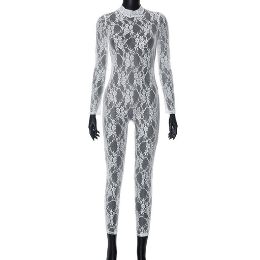 Color-White-Women Clothing Autumn Winter Lace See through Mesh Sexy Long Sleeve One Piece Trousers-Fancey Boutique