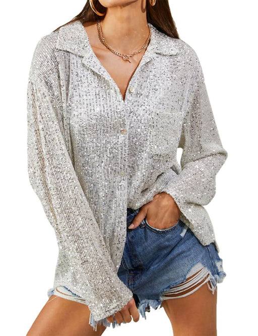 Color-Silver-Fall Women Fashionable Sequ Long Sleeve Collared Casual Shirt-Fancey Boutique