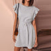 Color-Gray-Summer New round Neck Ruffle Sleeve Slim Belt Dress for Women Ruffle Sleeveless-Fancey Boutique