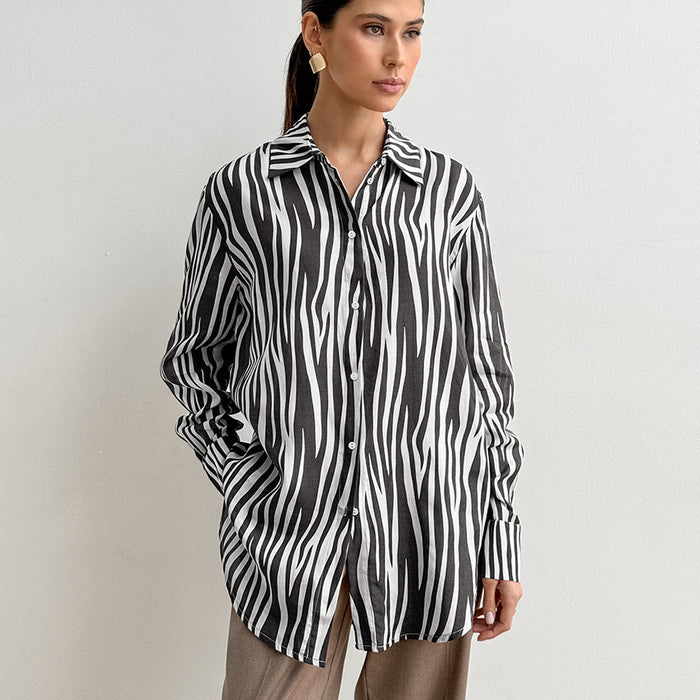 Autumn Printed All Matching Zebra Print Loose Collared Long Sleeves Shirt Russian Classic Retro Shacket Women-Fancey Boutique