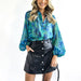 Color-Blue-Shirt Autumn Elegant Lantern Sleeve round Neck Printed Shirt for Women-Fancey Boutique