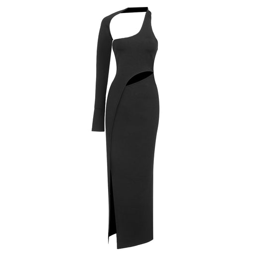 Color-Black-Design Single Sleeve Stretch Dress Bandage Dress Cropped Long Sleeve Sexy Maxi Dress-Fancey Boutique