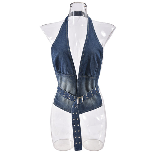 Sexy Women Clothing Summer Denim Washed Sexy plus Adjusting Belt Top-Blue-Fancey Boutique
