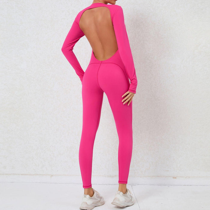 Color-Coral Red-Finger Suit Sexy Backless Nude Feel Long Sleeve Yoga Jumpsuit High Strength Fitness Sports One Piece Tights-Fancey Boutique