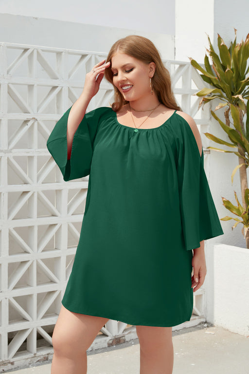 Color-Green-Plus Size Women Clothing Solid Color Casual Holiday Dress Travel Crew Neck Split Puff Sleeve Dress-Fancey Boutique
