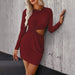 Color-Burgundy-Women Clothing Autumn Winter Knitted Long Sleeved Hip Office round Neck Dress-Fancey Boutique