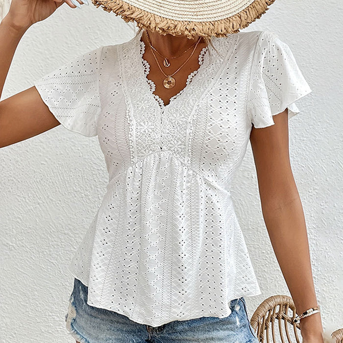 Knitted Jacquard Hollow Out Cutout Lace Trim See Through V Neck Short Sleeved T Shirt Spring Summer Elegant Stretch Long Shirt Women Top-Fancey Boutique