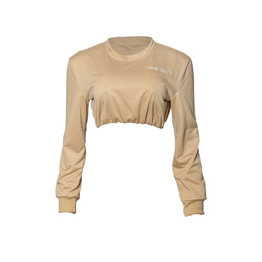 Color-Khaki-Sexy Autumn Solid Color Round Neck Embroidered Letter Graphic Long Sleeve Short Cropped Women Sweater-Fancey Boutique