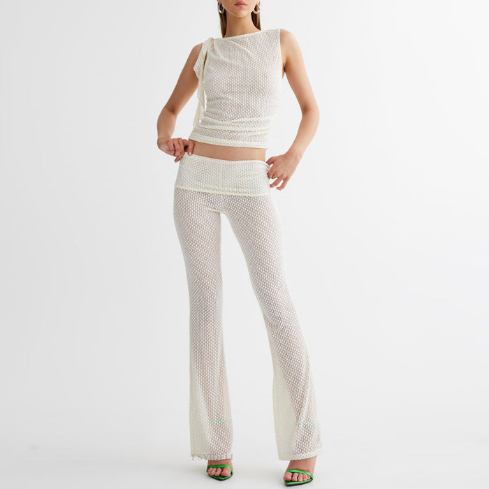 Elegant Vest Pants Hollow Out Cutout Sleeveless Vest Blouse Casual High Waist Trousers Two Piece Set-Fancey Boutique