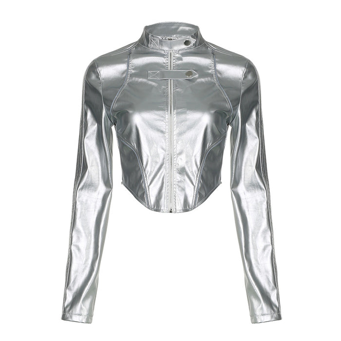 Color-Silver-Hipster Reflective Leather Jacket Stand Collar Irregular Asymmetric Hem Short Cropped-Exposed Sexy Faux Leather Jacket Top-Fancey Boutique