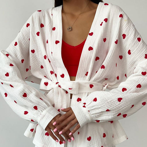 Color-Red-Artificial Silk Heart Printing Lace up Shorts Pajamas Suit Comfortable Breathable Ladies Homewear-Fancey Boutique