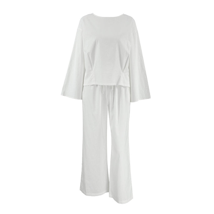 Ladies Cotton White Loose Long Sleeved Trousers Home Wear Casual Comfortable Suitable for Daily Wear-Fancey Boutique