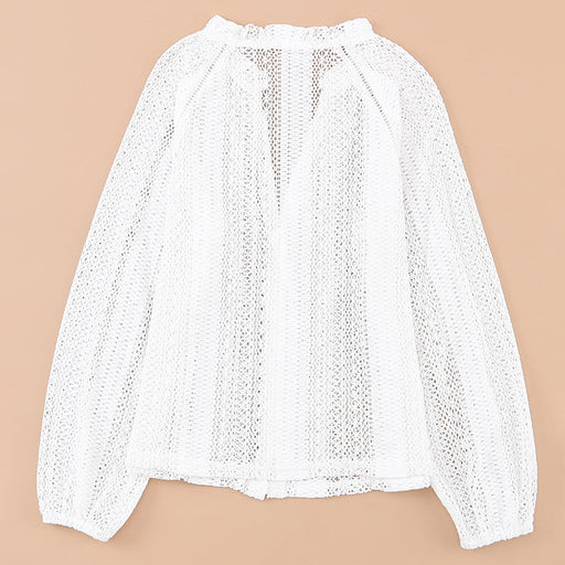 Color-White-Solid Color Lace Shirt Women Summer Mesh Hollow Out Cutout Out Wooden Ear Shell Button Retro Top-Fancey Boutique