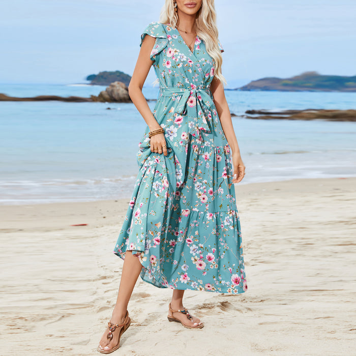 Real Shot Pattern Print Waist Girdling Band V neck Short Sleeve Dress Bohemian Holiday Beach Dress-Fancey Boutique