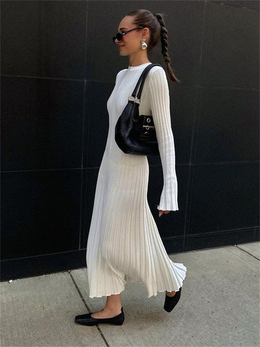 Long Sleeve Round Neck Tight Knitted Dress Autumn Sweater Dress Sunken Stripe Solid Color Base Dress-White-Fancey Boutique