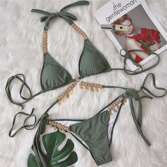 Color-Army Green-Bikini Swimsuit Women tagram Mesh Red Holiday Sexy Chain Strap Push up Split Swimsuit-Fancey Boutique