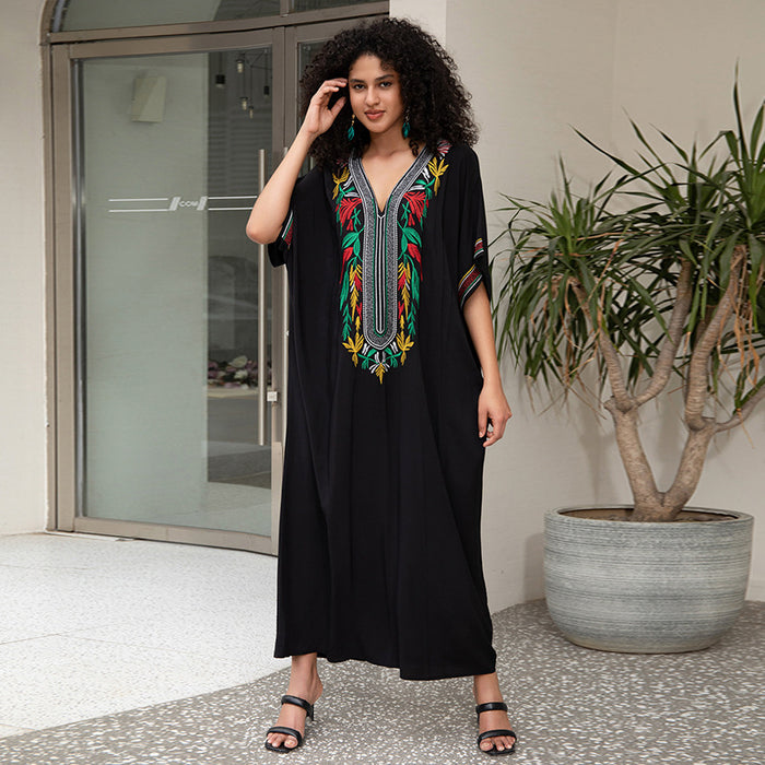 Cotton Embroidered Vacation Beach Blouse Maxi Dress Loose Robe Sun Protection Bikini Cover Up Blouse-Black-Fancey Boutique